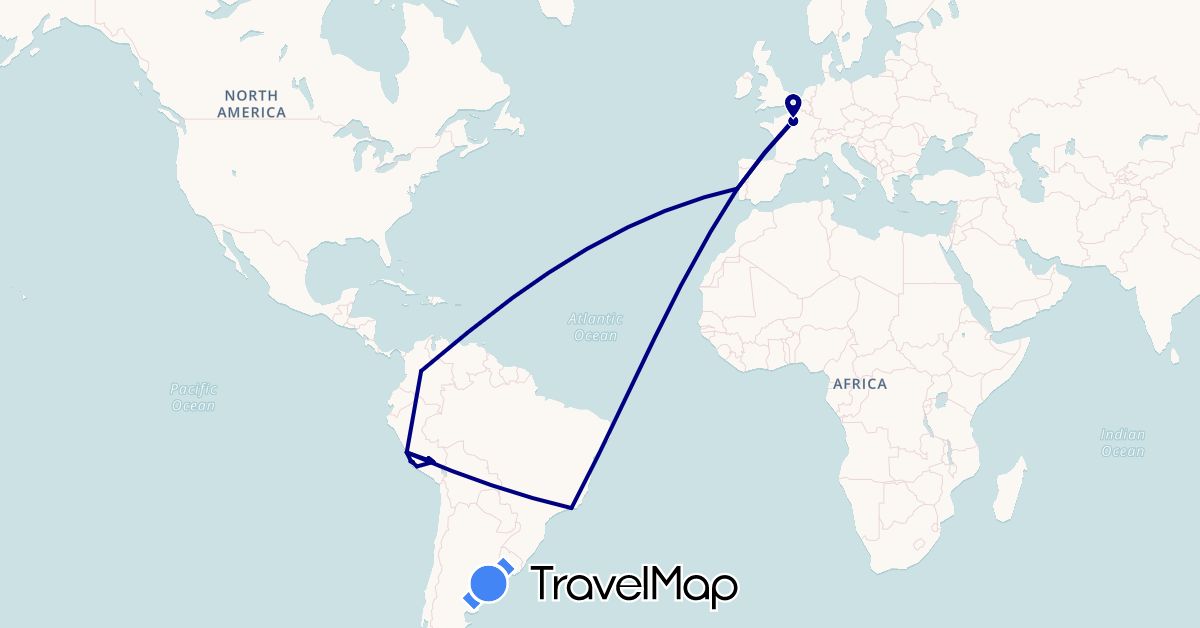 TravelMap itinerary: driving in Brazil, Colombia, France, Peru, Portugal (Europe, South America)